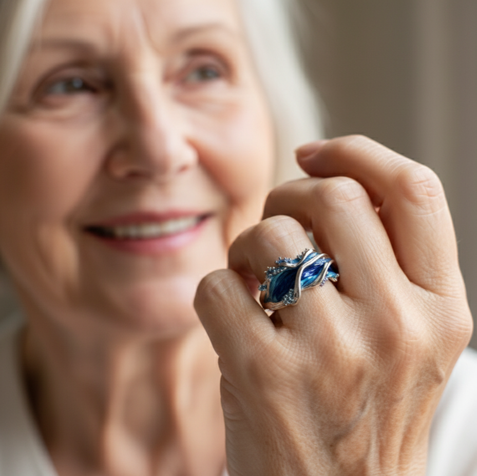 Ocean Wave Ring in Silver with Blue Enamel