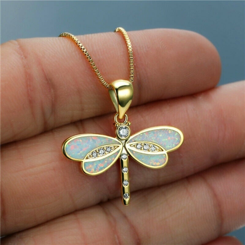 Dragonfly Necklace in Gold with Opal and Crystals