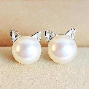 Pearl Cat Ear Stud Earrings with Silver Accents