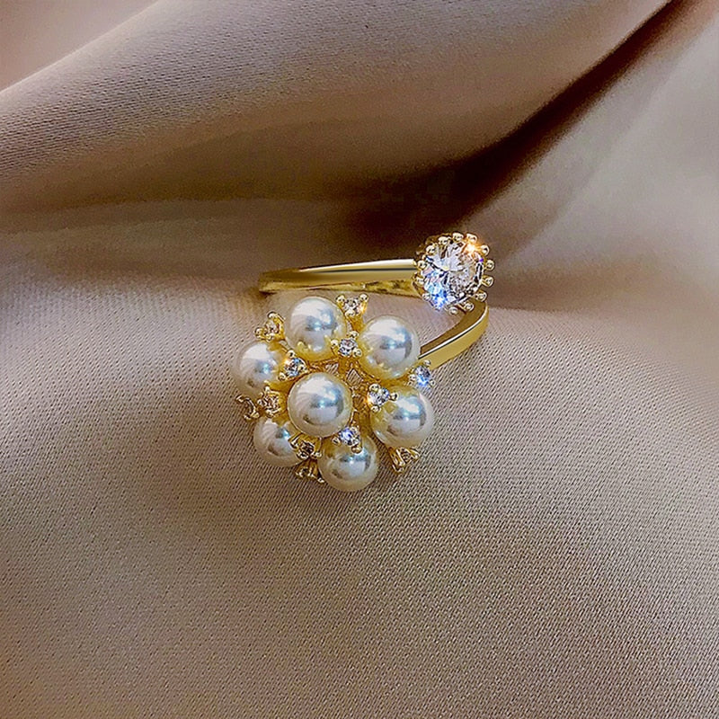 Adjustable Gold-Tone Ring with Clustered Pearls and Crystal Accent