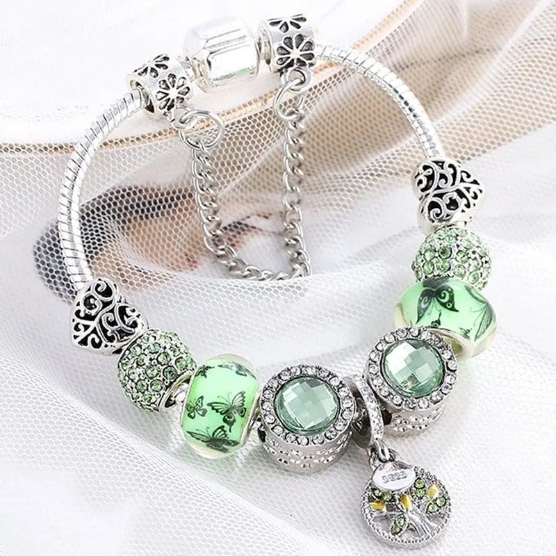 Butterfly &amp; Crystal Charm Bracelet in Silver and Green