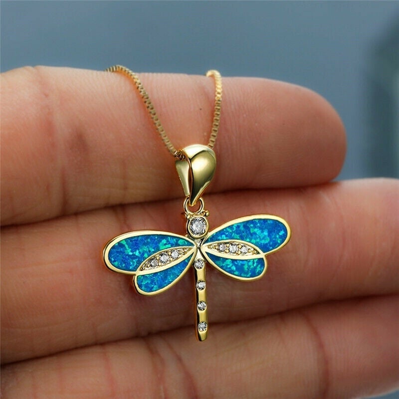 Dragonfly Necklace in Gold with Opal and Crystals