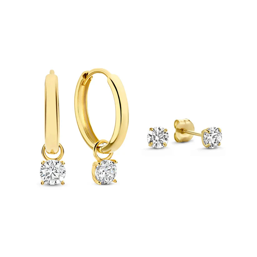 Gold Hoop and Stud Earrings Set with Brilliant Stones