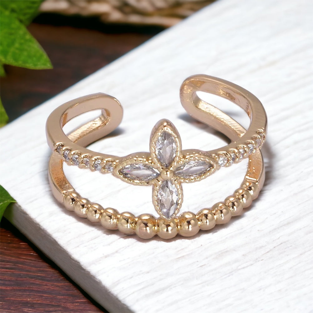 Double Band Flower Ring with Crystal Petals in Gold Tone