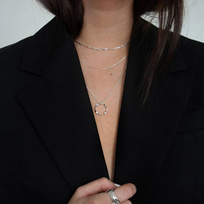 Layered Silver Circle Pendant Necklace