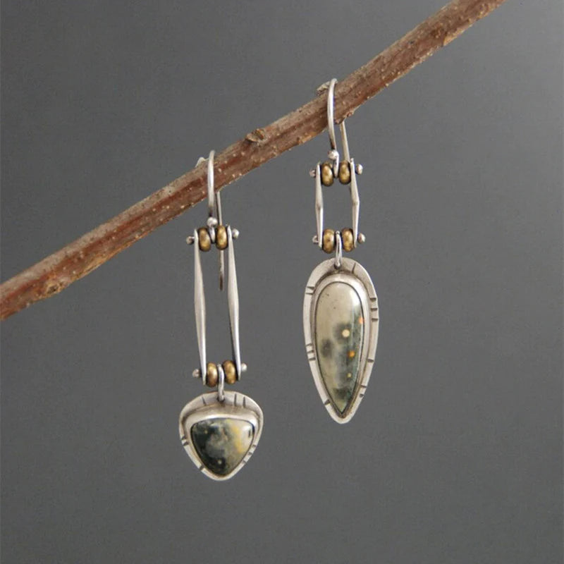 Artisan Asymmetric Jasper Earrings with Vintage Silver Finish