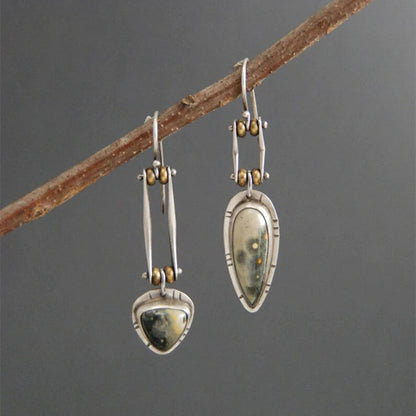Artisan Asymmetric Jasper Earrings with Vintage Silver Finish