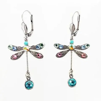Dragonfly Earrings with Pastel Crystals and Silver Finish