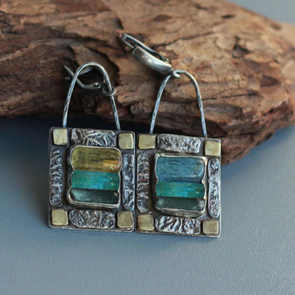 Antique Artisan Earrings with Blue and Golden Crystals