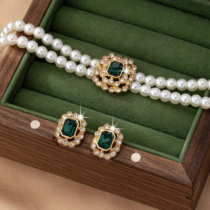 Pearl Necklace and Earrings Set with Emerald Green Accents