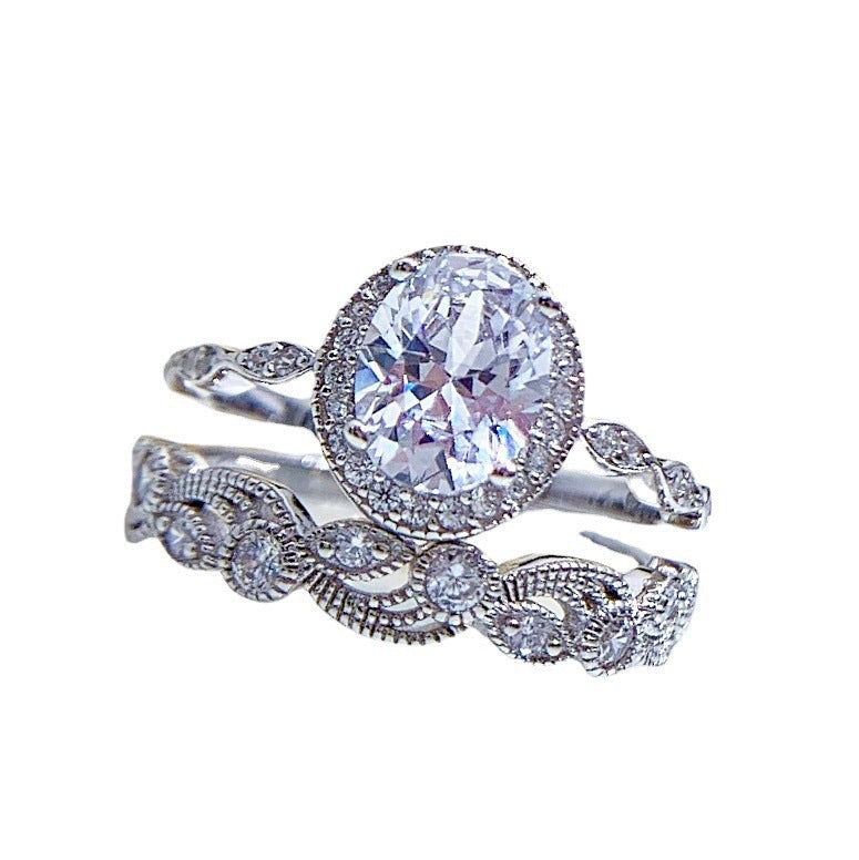 Vintage Silver Oval Halo Leaf Ring Set