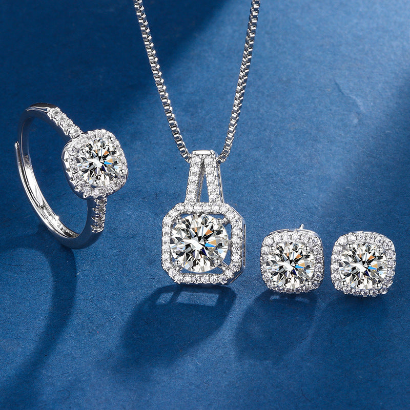 Radiant Halo Necklace, Earrings &amp; Ring Set in Silver Tone