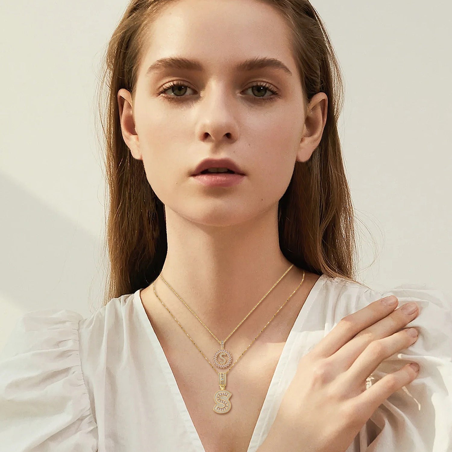 Layered Initial Necklace Set in Gold with Crystal Accents