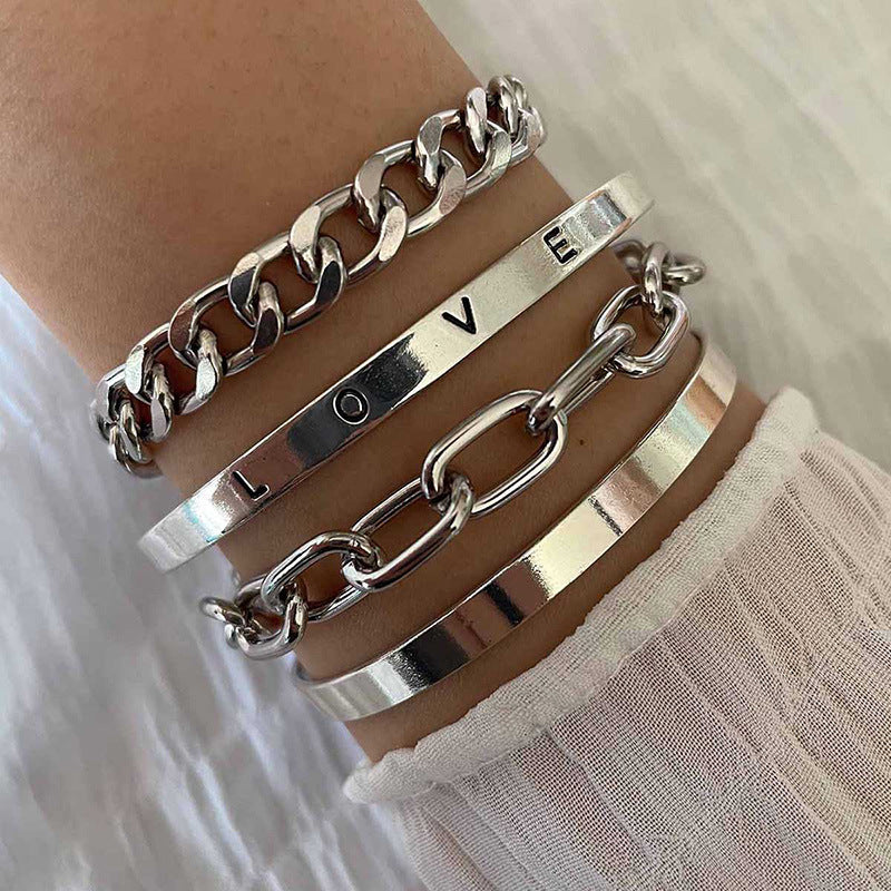 LOVE Statement Silver Chain &amp; Bangle Bracelet Set