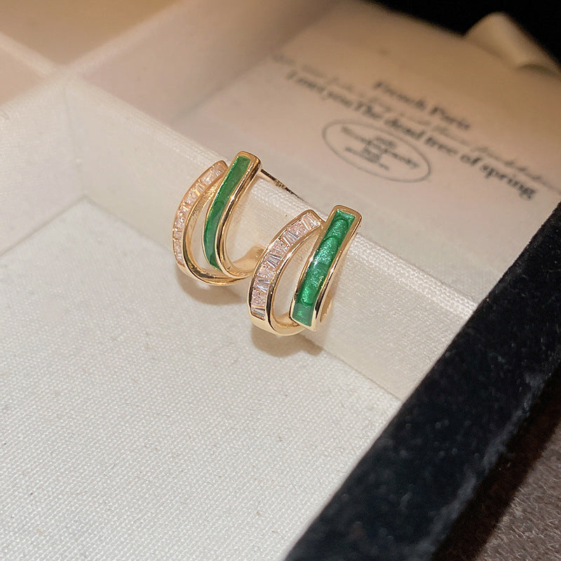 Emerald Green Enamel &amp; Crystal Hoop Earrings in Gold