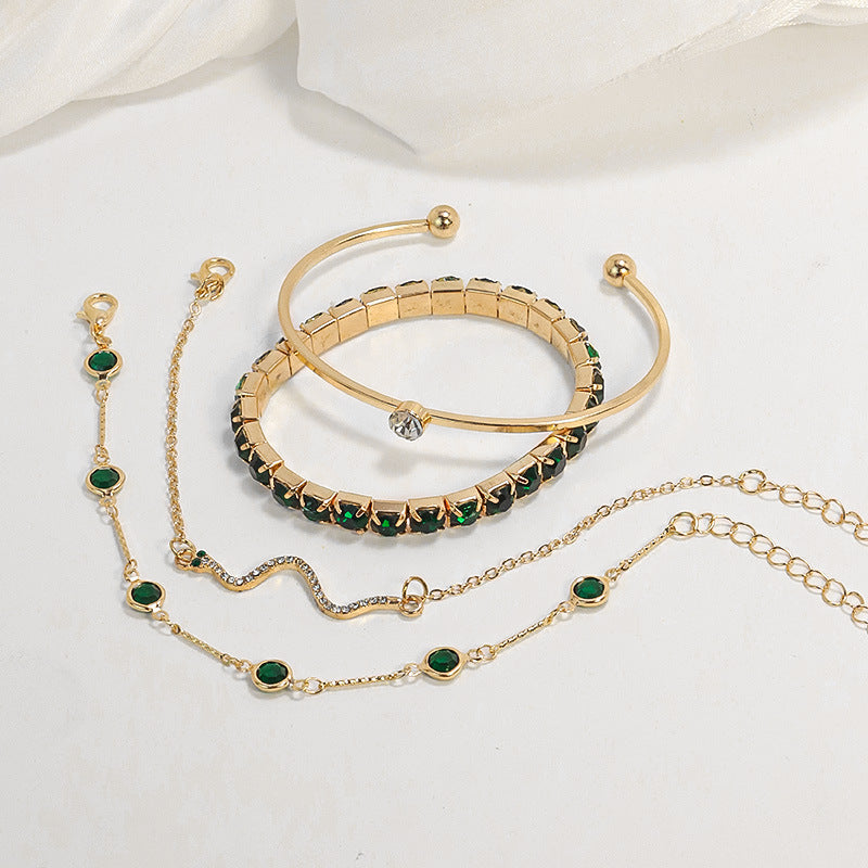 Emerald Green Crystal Layered Bracelet Set in Gold