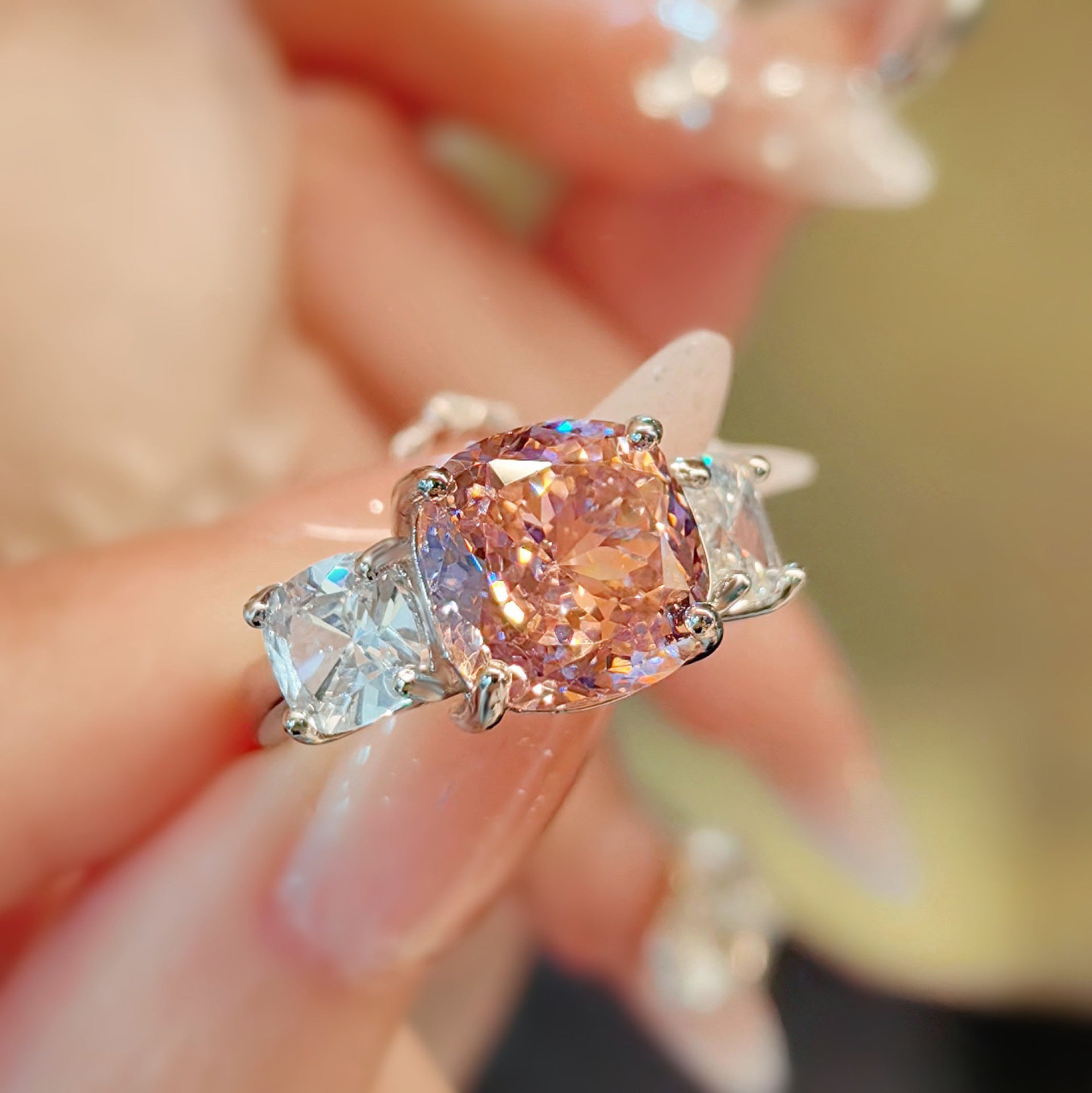 Cushion Pink &amp; White Stone Jewelry Set with Pendant, Ring &amp; Earrings