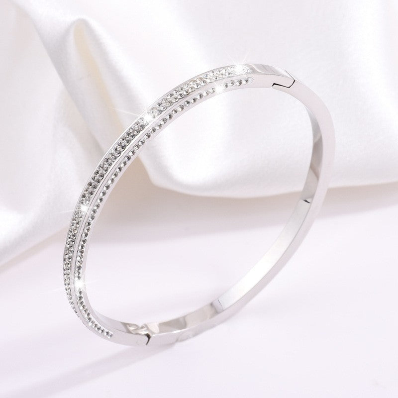 Dainty Gold Bangle with Double Row Crystal Accents