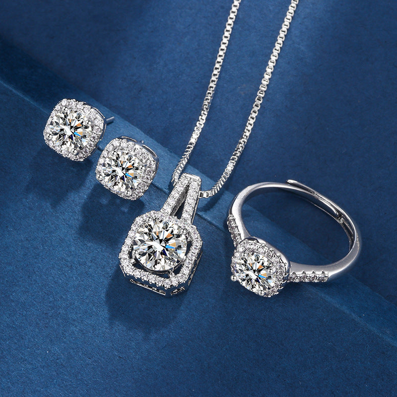 Radiant Halo Necklace, Earrings &amp; Ring Set in Silver Tone