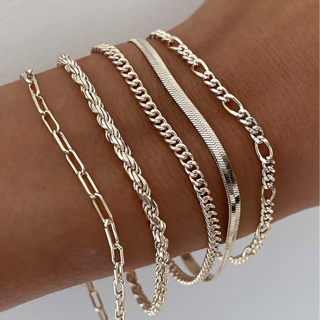 Layered Gold Chain Bracelet Set with Mixed Links
