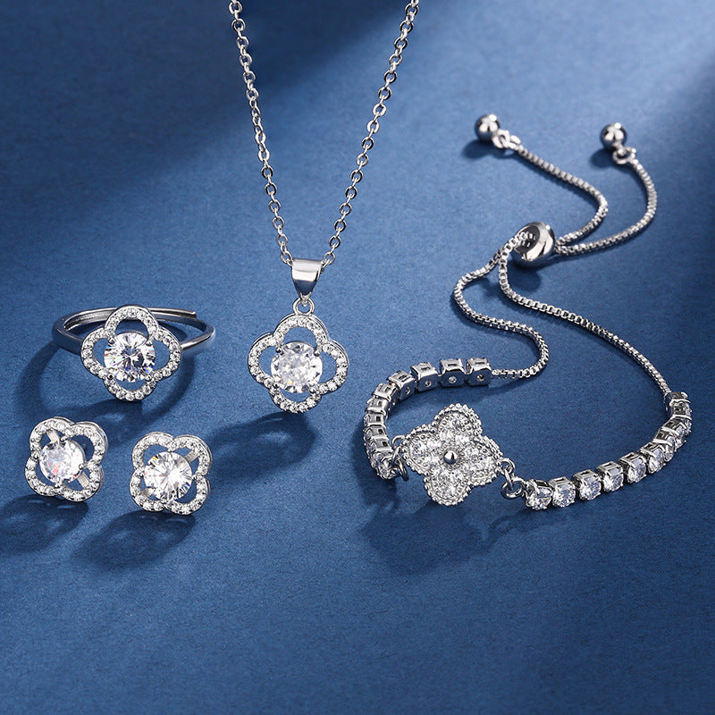 Floral Crystal Jewelry Set in Silver Tone – Necklace, Earrings, Ring, and Bracelet