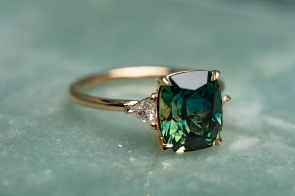 Green Sapphire Cushion Ring with Diamond Accents in Gold