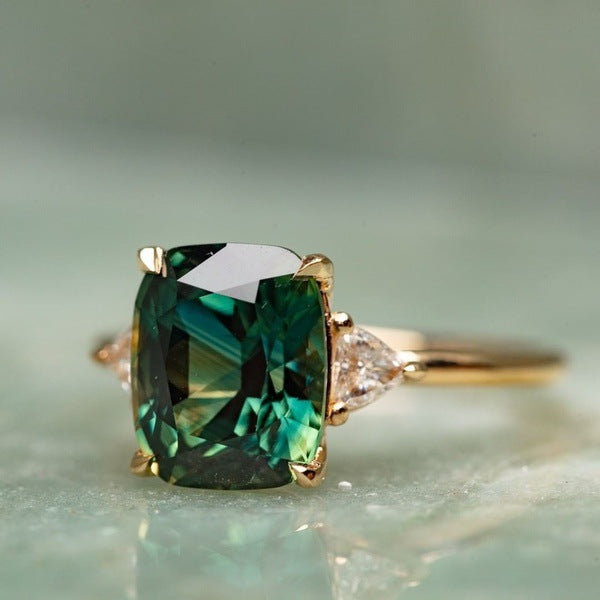 Green Sapphire Cushion Ring with Diamond Accents in Gold