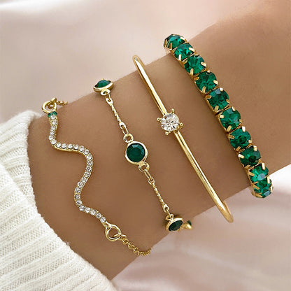 Emerald Green Crystal Layered Bracelet Set in Gold
