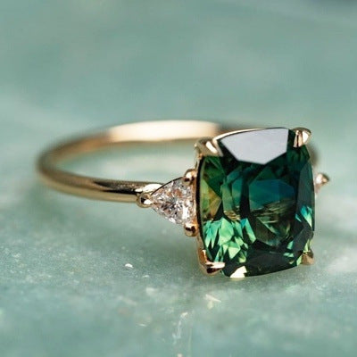 Green Sapphire Cushion Ring with Diamond Accents in Gold