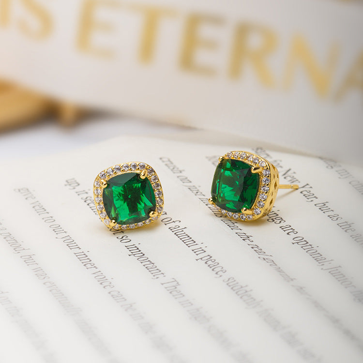 Emerald Green Stud Earrings in Gold with Crystal Accents
