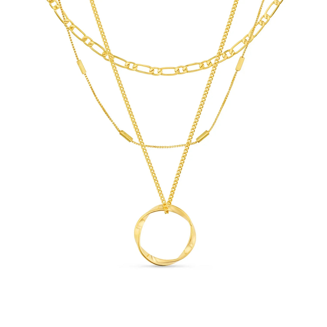 Layered Gold Necklace with Sculpted Circle Pendant