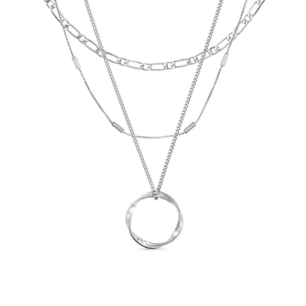 Layered Silver Circle Pendant Necklace