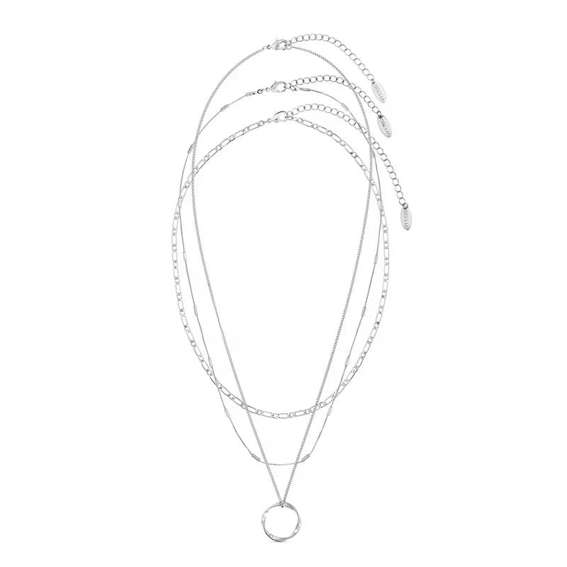 Layered Silver Circle Pendant Necklace