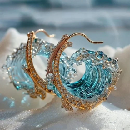 Ocean Wave Hoop Earrings with Crystal Accents