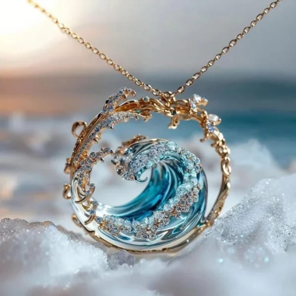 Ocean Wave Pendant Necklace with Gold and Crystals