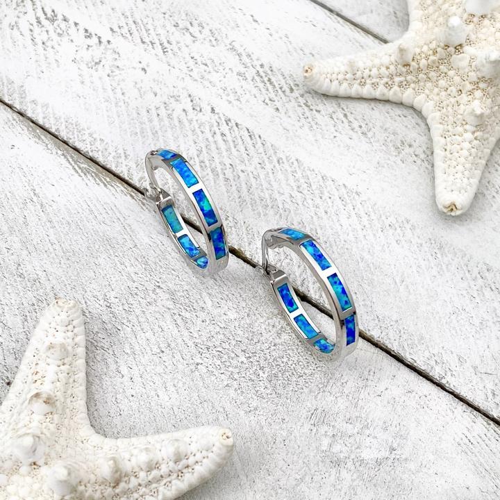 Blue Oceanic Opal Hoop Earrings in Silver