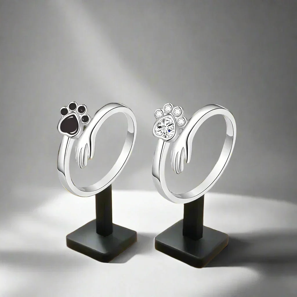 Paw and Hand Crystal Ring in Silver Tone