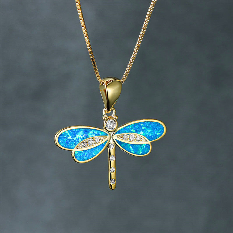 Dragonfly Necklace in Gold with Opal and Crystals