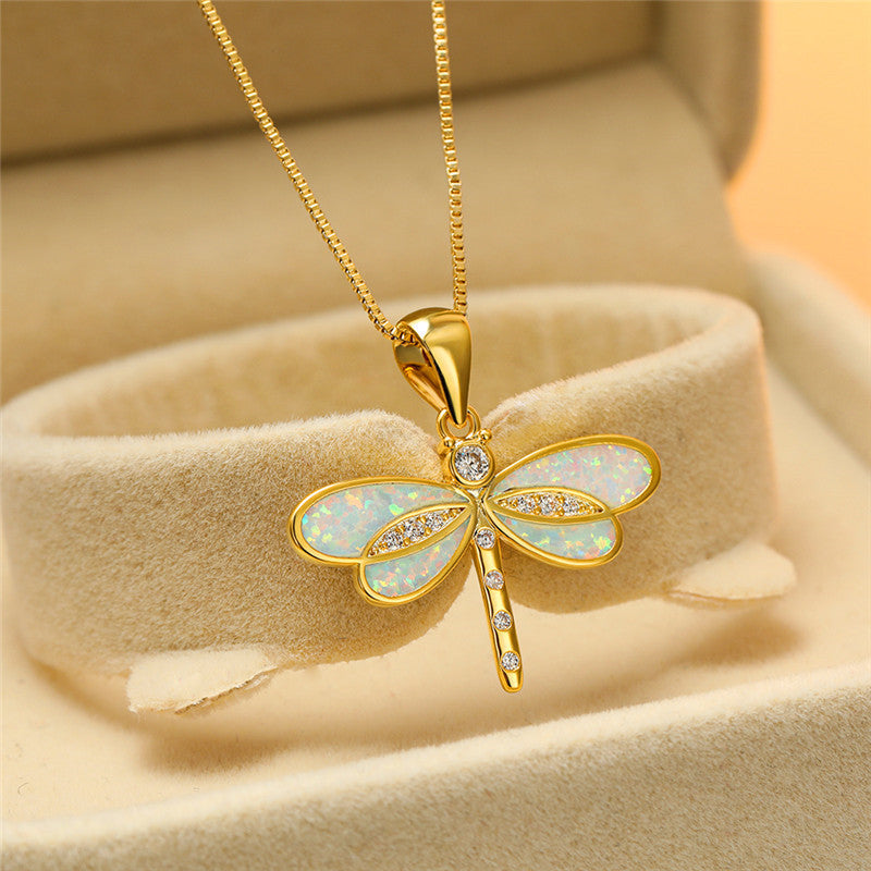Dragonfly Necklace in Gold with Opal and Crystals