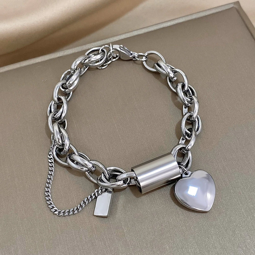 Chunky Silver Chain Bracelet with Heart Charm