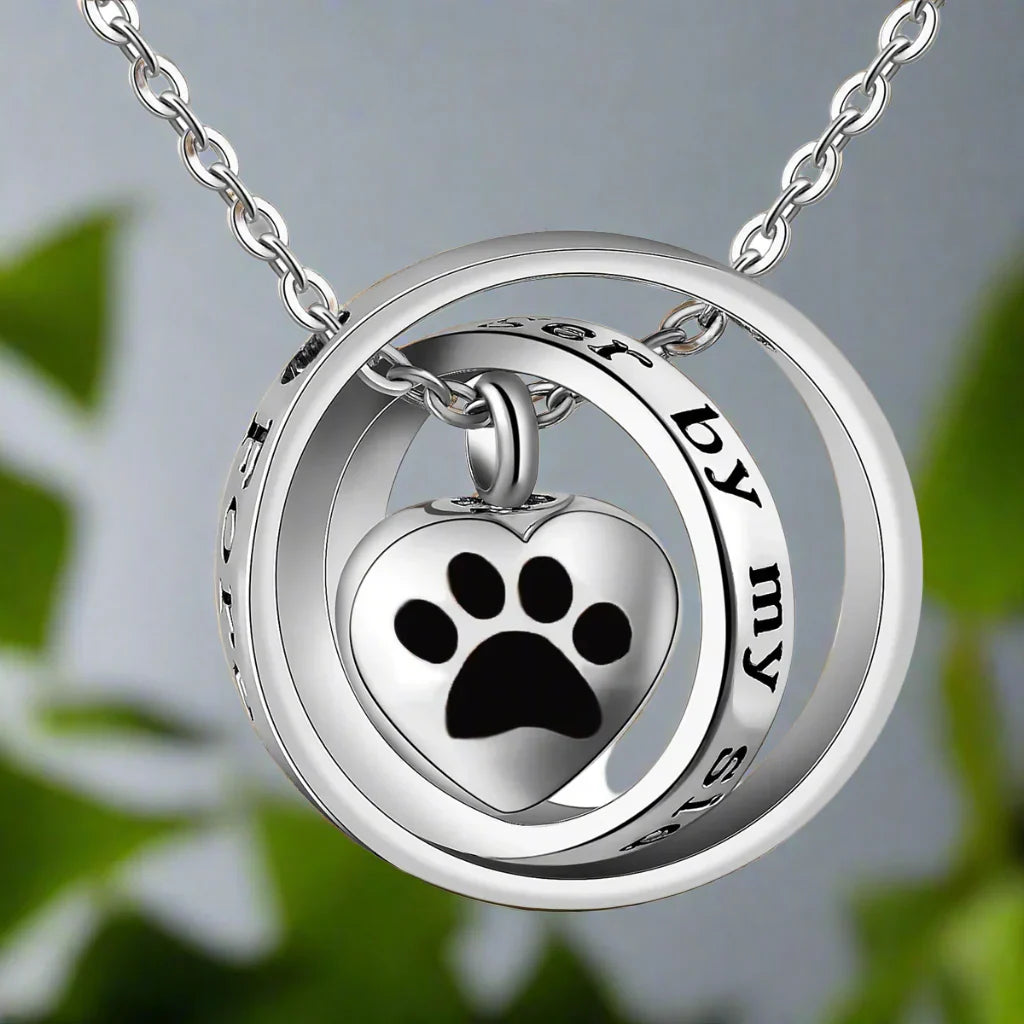 Silver-Tone Heart Paw Print Memorial Necklace