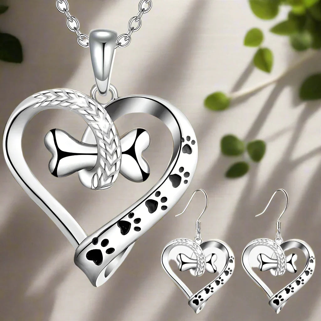 Puppy Love Heart &amp; Bone Paw Print Necklace and Earrings Set