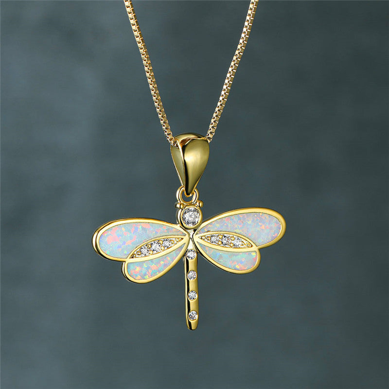 Dragonfly Necklace in Gold with Opal and Crystals