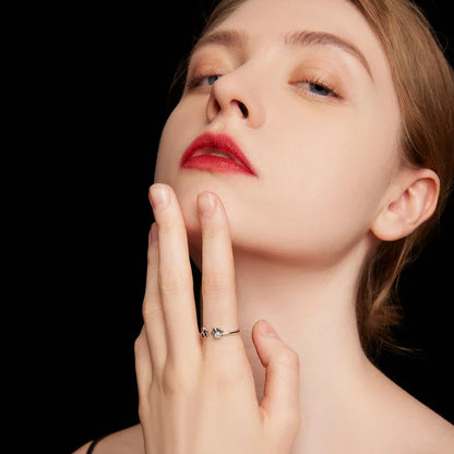Paw Print Heart Ring in Silver Tone with Crystal and Black Enamel
