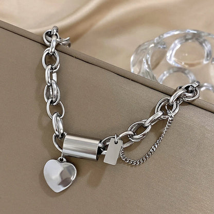 Chunky Silver Chain Bracelet with Heart Charm