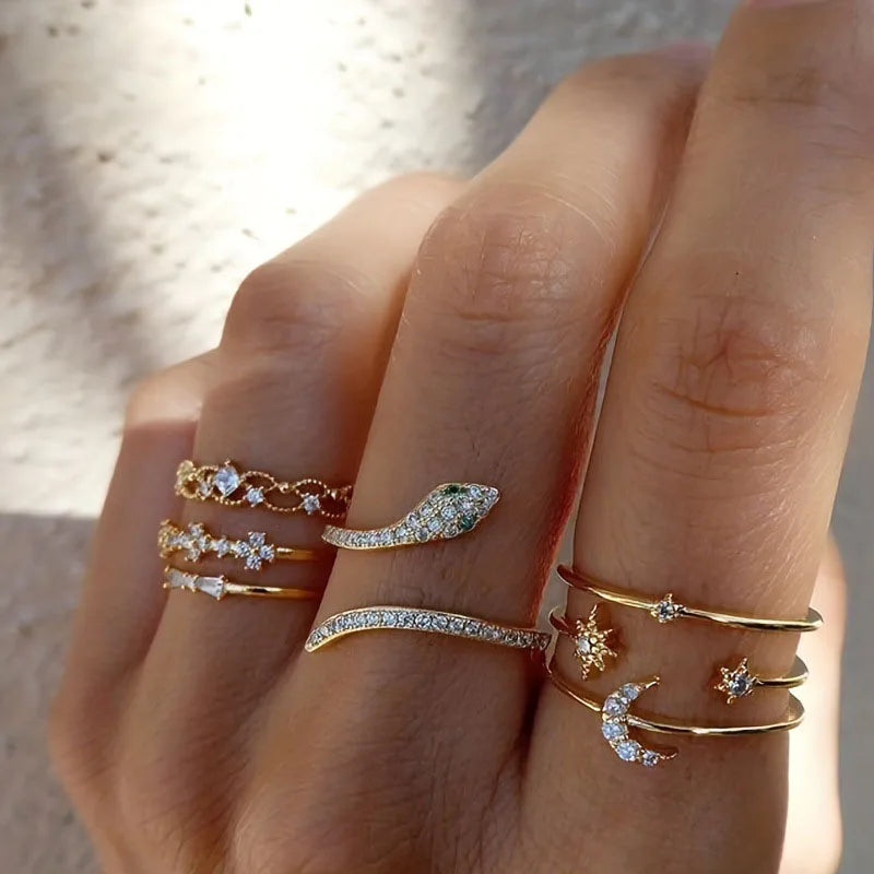 Celestial and Serpent Stacking Ring Set in Gold Tone