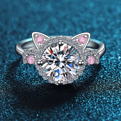 Cat Ears Halo Ring with Pink Accents and Sparkling Center Stone