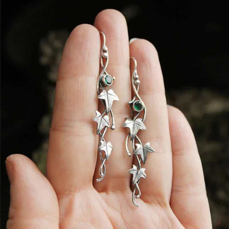 Ivy Leaf Drop Earrings with Blue Crystal Accent