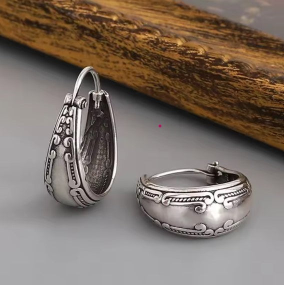 Vintage Silver Ornate Hoop Earrings