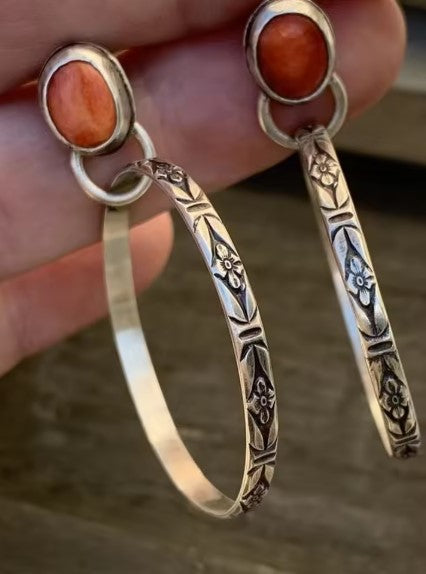 Floral Engraved Hoop Earrings with Coral-Toned Stone